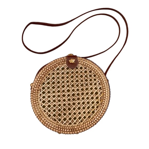 Handbags - Summer Crossbody Bag Round Beach Purse Handmade Circle Rattan Bag Straw Brown